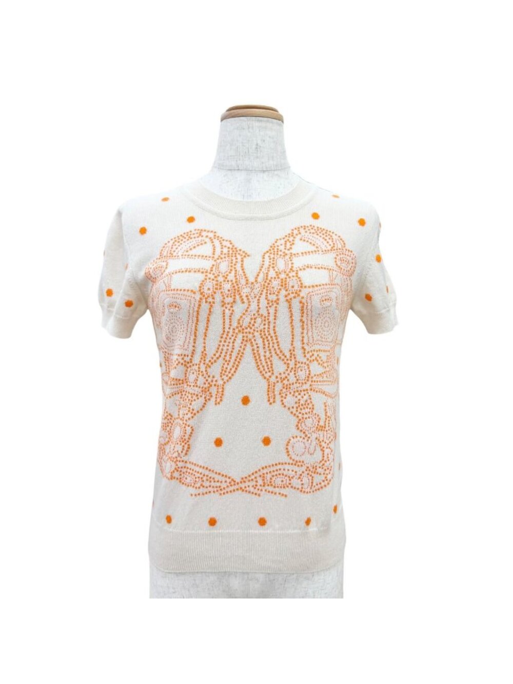 Hermes Cashmere Brides de Gala Dot Pattern Short Sleeve Knit Beige Orange 36